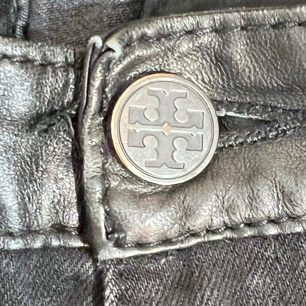 Tory Burch Skinny Pants Womens 28 Black Leather Denim Mixed Media Moto Edgy